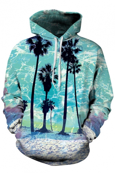 Hot Fashion Beach Palm Tree Landscape Print Long Sleeves Pullover Loose Hoodie