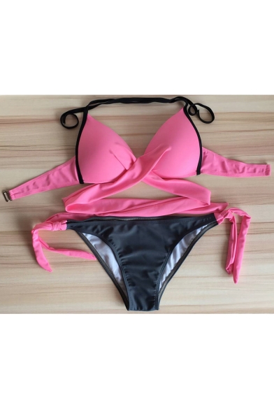 New Arrival Popular Color Block Sexy Halter Hollow Out Bikini