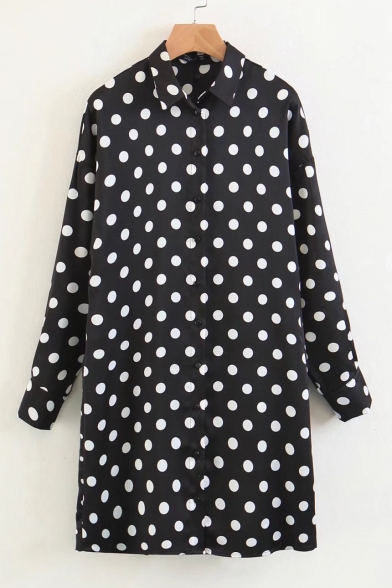 Polka Dot Printed Patchwork Lapel Collar Long Sleeve Mini Shirt Dress
