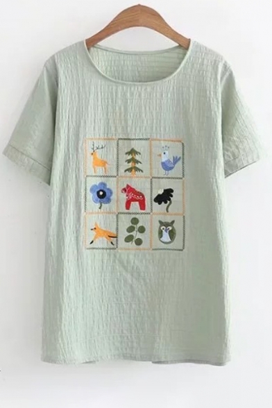 Retro Deer Bird Owl Floral Embroidery Round Neck Short Sleeves Summer T-shirt