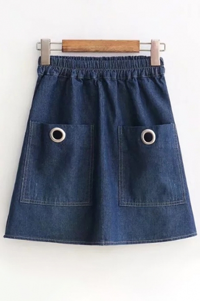 Simple Grommet Detail Pocket Front Zip Side Elastic Waist Plain Denim Skirt