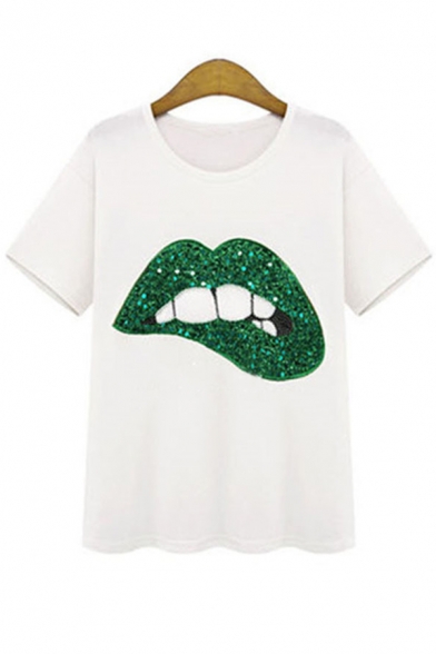 Top Design Green Mouth Lips Print Sequined Detail Short Sleeve Round Neck Leisure Tee