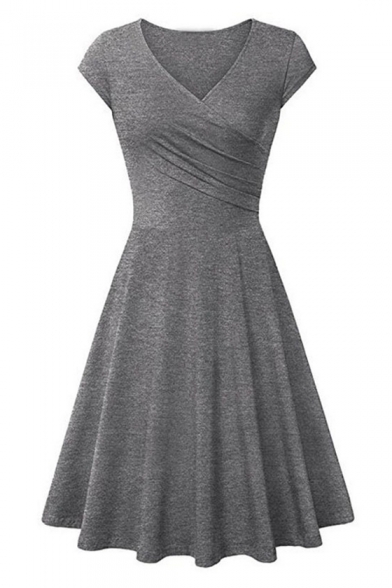 Casual Style Plain V Neck Cap Sleeve Wrap Front Slim Fit Mini T-shirt A-line Dress