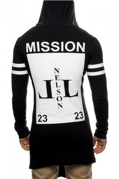 Cool Men's Style MISSION Letter Number Print Zip Up Striped Hooded Tee
