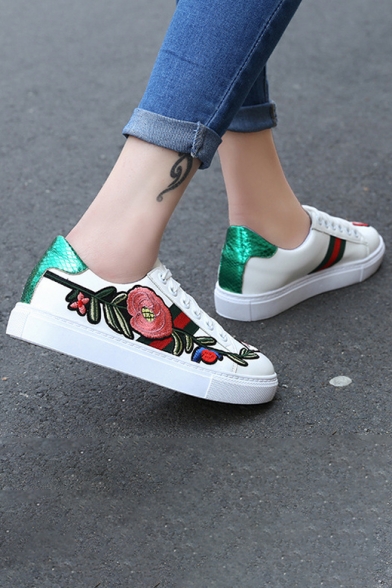 Fancy Floral Embroidered Lace-up Fastening Sports Gym Shoes Sneakers