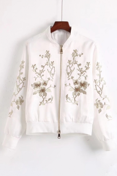 Floral Embroidered Stand Up Collar Long Sleeve Zip Up Baseball Jacket