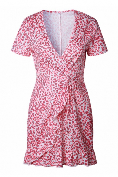 Floral Printed V Neck Short Sleeve Ruffle Hem Mini A-Line Dress