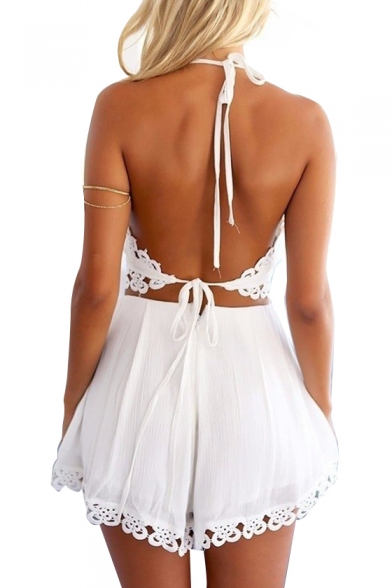Hollow Out  Sleeveless Halter Crop Top with Loose Shorts Summer Co-ords