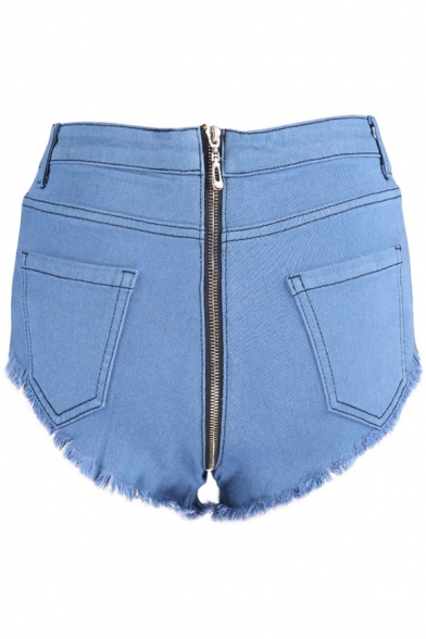 Zipper Back Plain Hot Pants Fringe Hem Denim Shorts