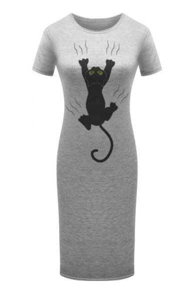 Lovely Black Cat Printed Round Neck Short Sleeve Comfort Midi T-Shirt Dress