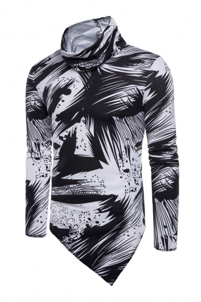 Men's Fashion Splash Color Block Print Asymmetrical Hem Cowl Neck Tee