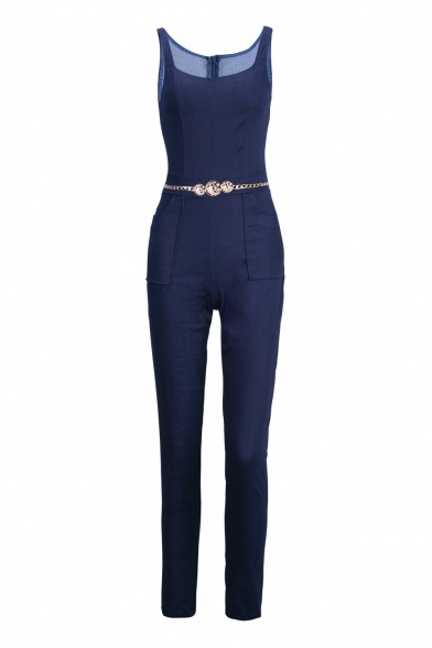 Pop Fashion Plain Square Neck Sleeveless Slim Fit Denim Jumpsuit with Chain Belt
