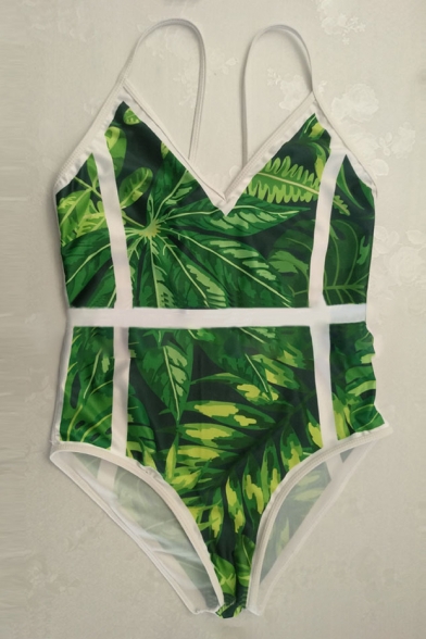 Stylish Leaf Plant Print Spaghetti Straps Beach Style One Piece Swimwear