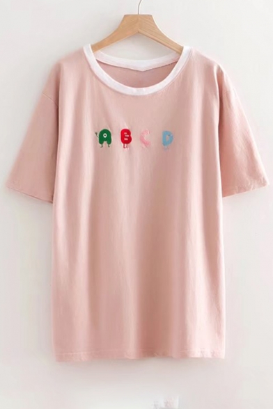 ABCD Letter Embroidered Round Neck Short Sleeve Tee