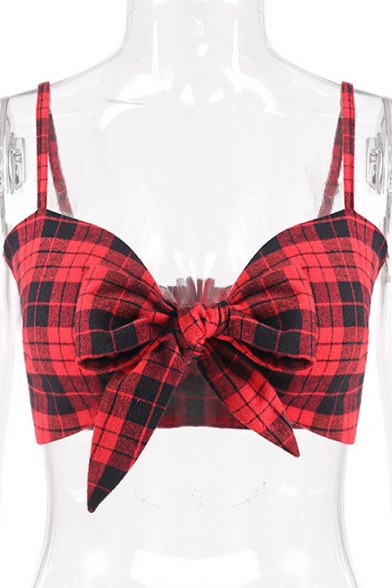 Classic Plaid Printed Spaghetti Straps Sleeveless Bow Tied Front Crop Cami