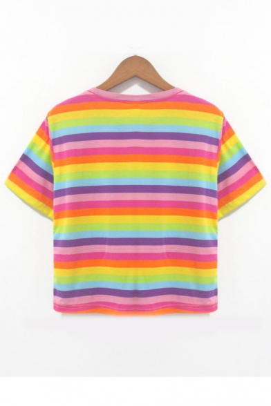 Colorful Striped Printed Round Neck Short Sleeve Crop Tee