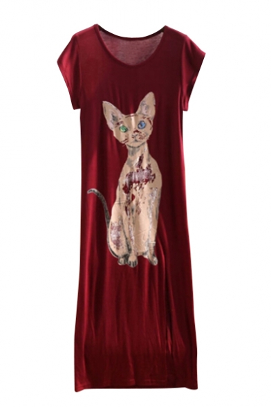 Comfort Cat Printed Round Neck Short Sleeve Loose Maxi Shift Dress