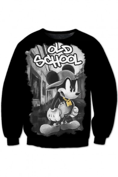Cute Digital Cartoon Mouse Letter Printed Round Neck Long Sleeve Pullover Sweatshirt