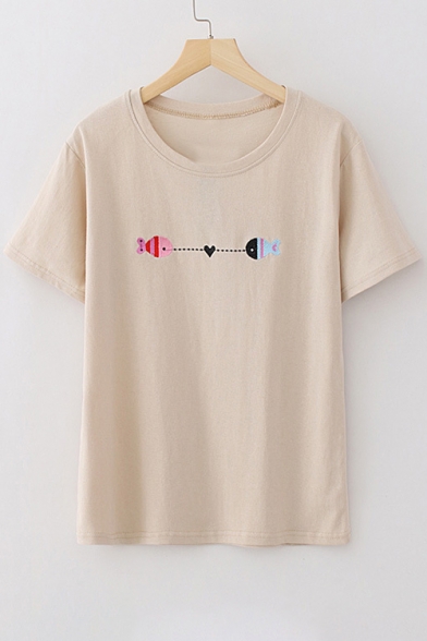 Cute Simple Fish Sweetheart Embroidery Round Neck Short Sleeves Casual Tee