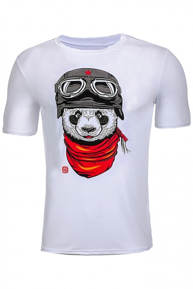 Cute Soldier Panda Printed Round Neck Short Sleeve Leisure Tee