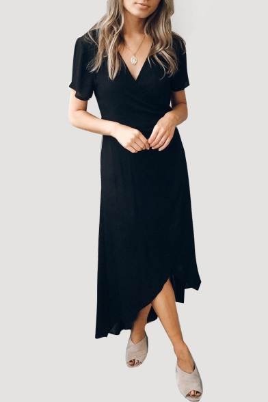 Elegant Plain V Neck Short Sleeve Asymmetric Hem Maxi Wrap Dress