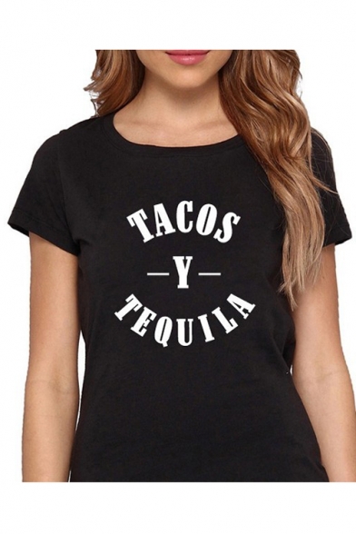 Fancy Letter TACOS TEQUILA Print Round Neck Short Sleeves Summer T-shirt