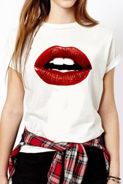 Fancy Mouth Lips Print Round Neck Short Sleeves Summer Fashion Tee