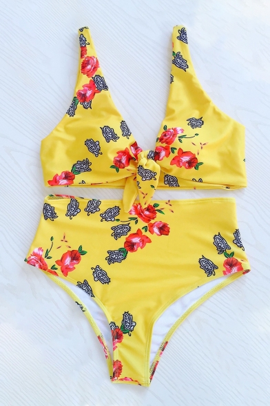 Fashionable Cherry Floral Print Bow Tie Front Beach Swimwear Bikini