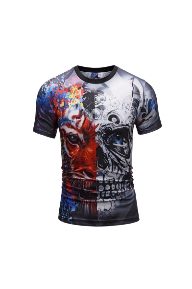 

Mechanical Tiger Printed Round Neck Short Sleeve Slim Tee, LC469505