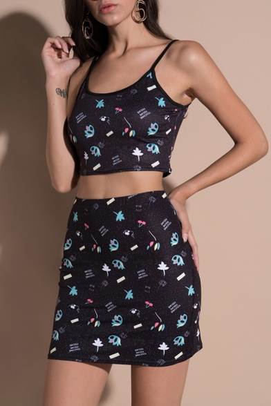 

New Arrival Butterfly Letter Print Sleeveless Cropped Cami with Mini Skirt, LC468840