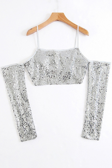 Party Style Sequined Detail Cold Shoulder Cropped Tee Summer Top