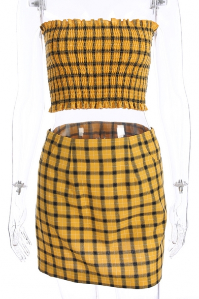 Plaid Printed Strapless Crop Bandeau with Mini A-Line Skirt