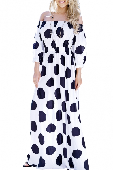 Retro Polka Dot Print Off the Shoulder Maxi A-line Summer Dress