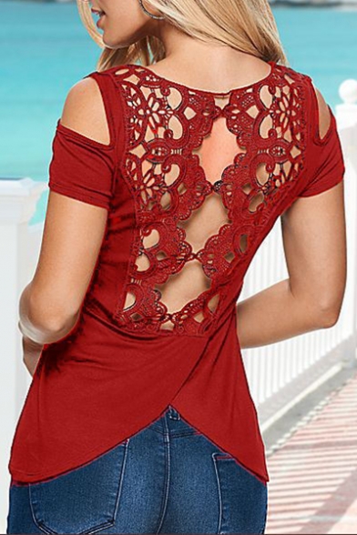 Sexy Hollow Out Lace Panel Back Cold Shoulder Wrap Back Scoop Neck Tee