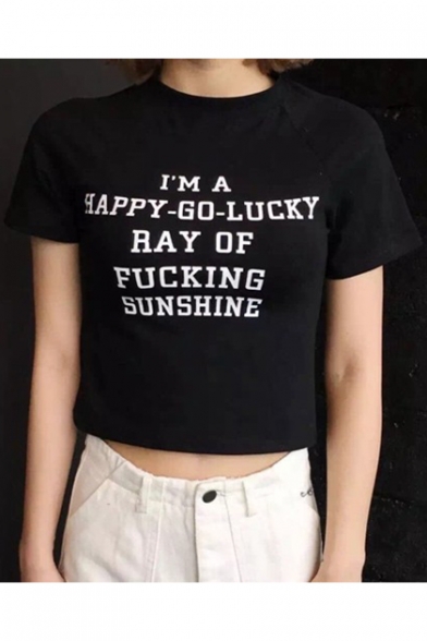 Simple Letter HAPPY GO LUCKY RAY OF SUNSHINE Print Crew Neck Short Sleeves Cropped Tee