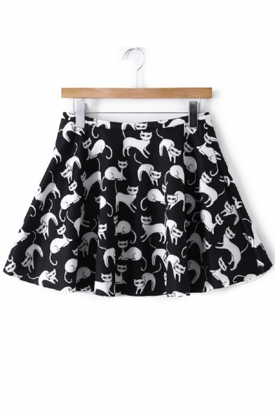 Spring's New Arrival Cat Printed Zipper Fly Mini A-Line Skirt