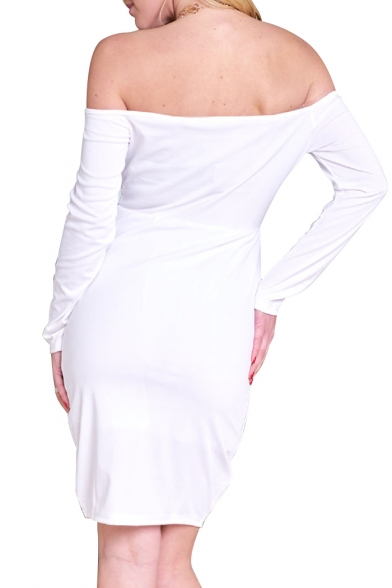 Trendy Plain Off the Shoulder Long Sleeve Mini Pencil Spring Dress