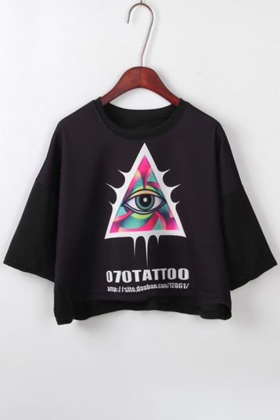 Triangle Eye Letter Printed Round Neck Short Sleeve Crop Tee