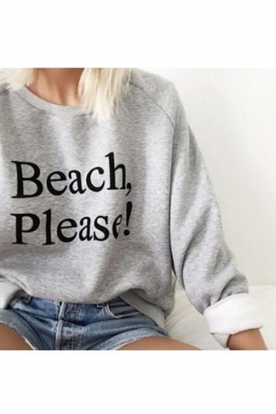 BEACH PLEASE Printed Round Neck Long Sleeve Pullover Sweatshirt