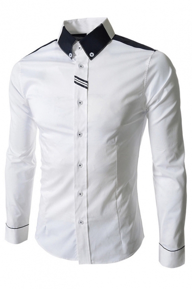 Color Block Lapel Collar Buttons Down Long Sleeve Slim Shirt