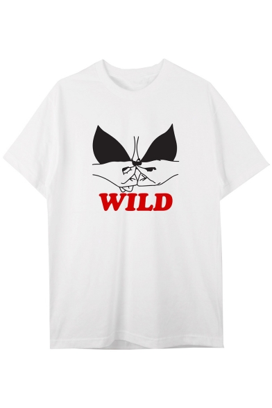 

Comic WILD Letter Hand Printed Round Neck Short Sleeve Graphic Tee, LC470337