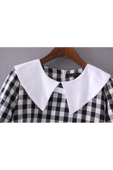 Contrast Lapel Collar Plaid Printed Short Sleeve Mini Shift Dress with Pockets