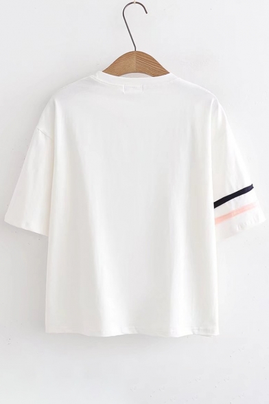 Contrast Striped Letter Embroidered Round Neck Short Sleeve Tee