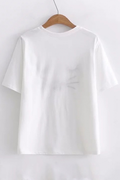 Cute Cat Face Embroidered Round Neck Short Sleeve Leisure Loose Tee