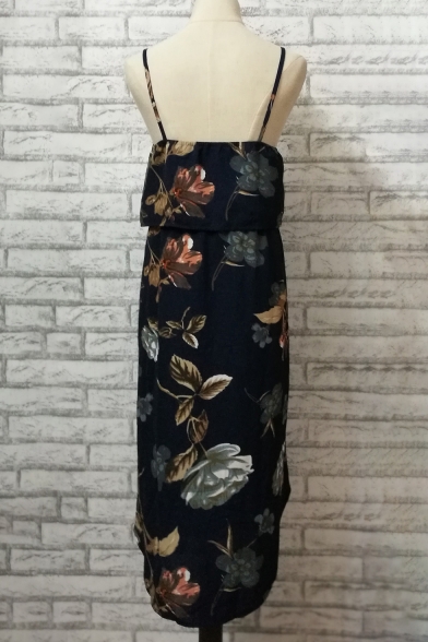 Fashion Floral Print Spaghetti Straps Split Side Summer Midi Cami Dress