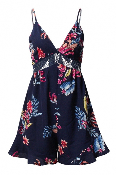 Fashionable Floral Leaf Print Hollow Out Bow Tie Back Loose Casual Romper