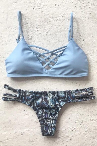 Fashionable Lace-up Detail Snake Print Hollow Out Summer Slim Bikini Swimwear