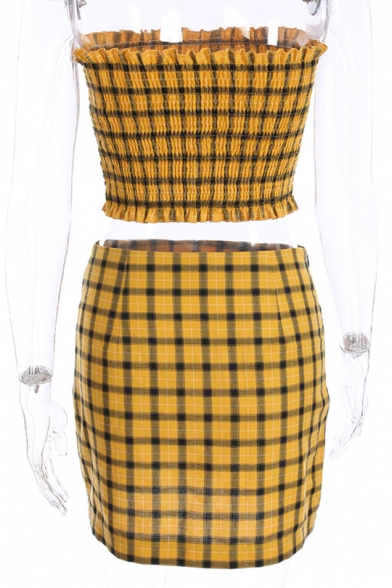 Plaid Printed Strapless Crop Bandeau with Mini A-Line Skirt