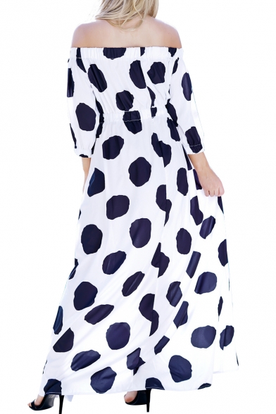 Retro Polka Dot Print Off the Shoulder Maxi A-line Summer Dress