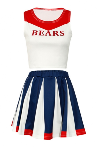 Sports BEARS Letter Printed Color Block Tank with Mini A-Line Skirt Co-ords